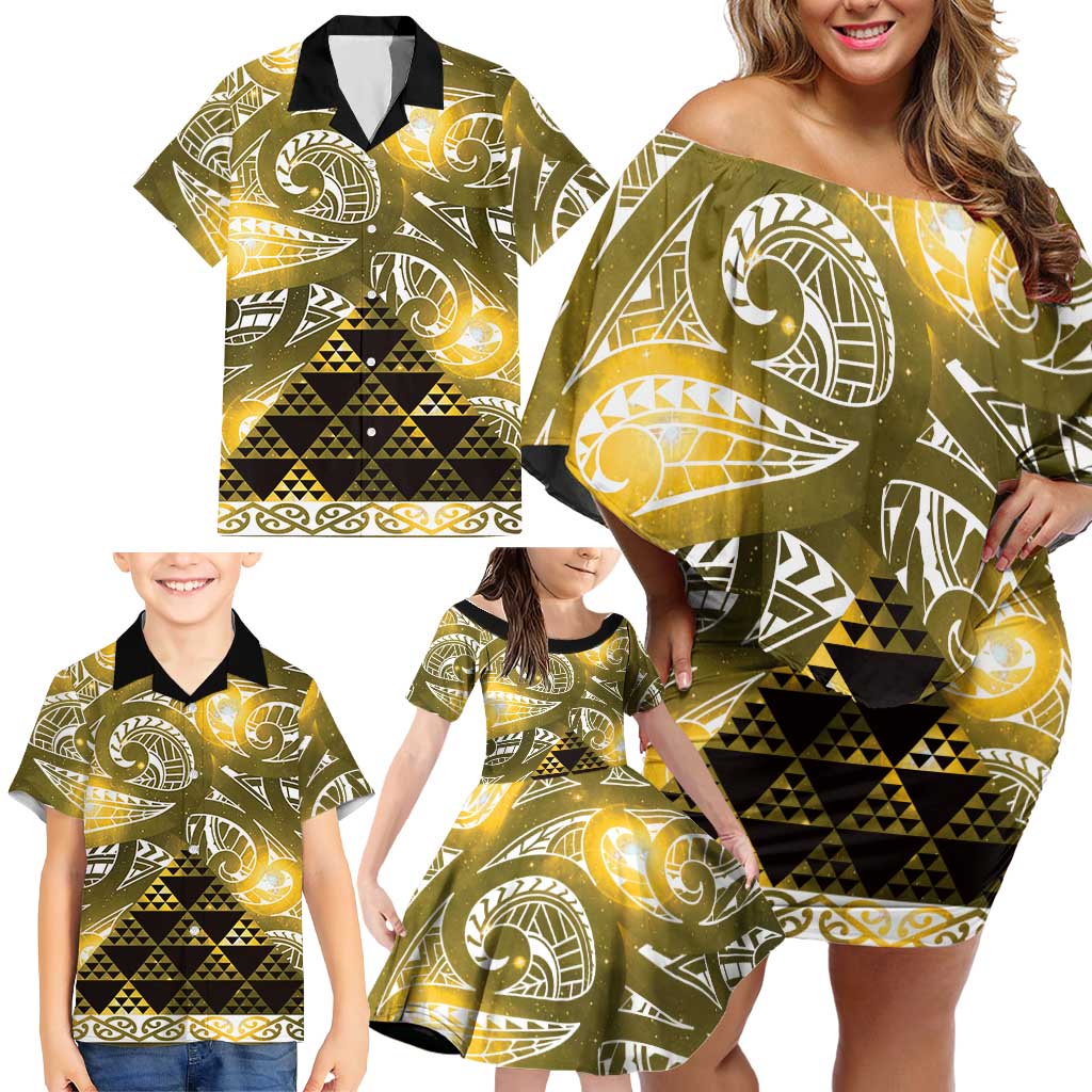 Matariki New Zealand Family Matching Off Shoulder Short Dress and Hawaiian Shirt NZ Niho Taniwha Maori New Year Yellow Galaxy LT14 - Polynesian Pride