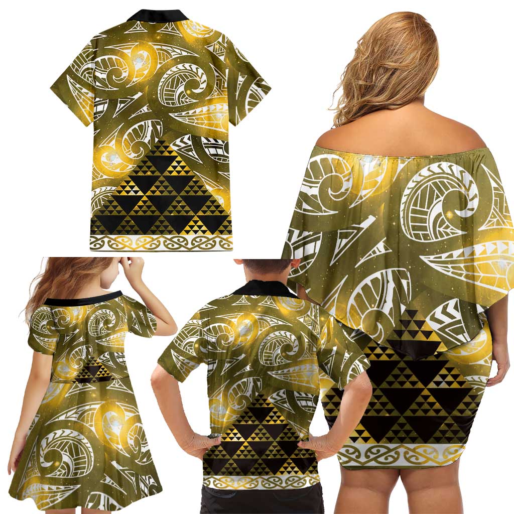 Matariki New Zealand Family Matching Off Shoulder Short Dress and Hawaiian Shirt NZ Niho Taniwha Maori New Year Yellow Galaxy LT14 - Polynesian Pride