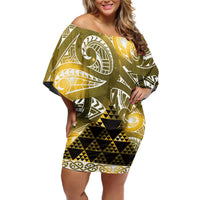Matariki New Zealand Family Matching Off Shoulder Short Dress and Hawaiian Shirt NZ Niho Taniwha Maori New Year Yellow Galaxy LT14 Mom's Dress Yellow - Polynesian Pride