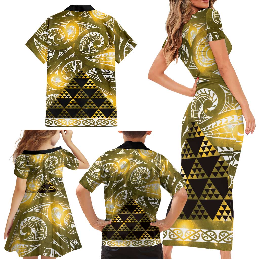 Matariki New Zealand Family Matching Short Sleeve Bodycon Dress and Hawaiian Shirt NZ Niho Taniwha Maori New Year Yellow Galaxy LT14 - Polynesian Pride