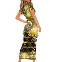 Matariki New Zealand Family Matching Short Sleeve Bodycon Dress and Hawaiian Shirt NZ Niho Taniwha Maori New Year Yellow Galaxy LT14 - Polynesian Pride