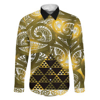 Matariki New Zealand Family Matching Tank Maxi Dress and Hawaiian Shirt NZ Niho Taniwha Maori New Year Yellow Galaxy LT14 Dad's Shirt - Long Sleeve Yellow - Polynesian Pride