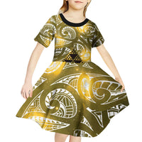 Matariki New Zealand Kid Short Sleeve Dress NZ Niho Taniwha Maori New Year Yellow Galaxy