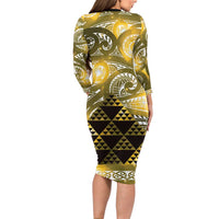 Matariki New Zealand Long Sleeve Bodycon Dress NZ Niho Taniwha Maori New Year Yellow Galaxy