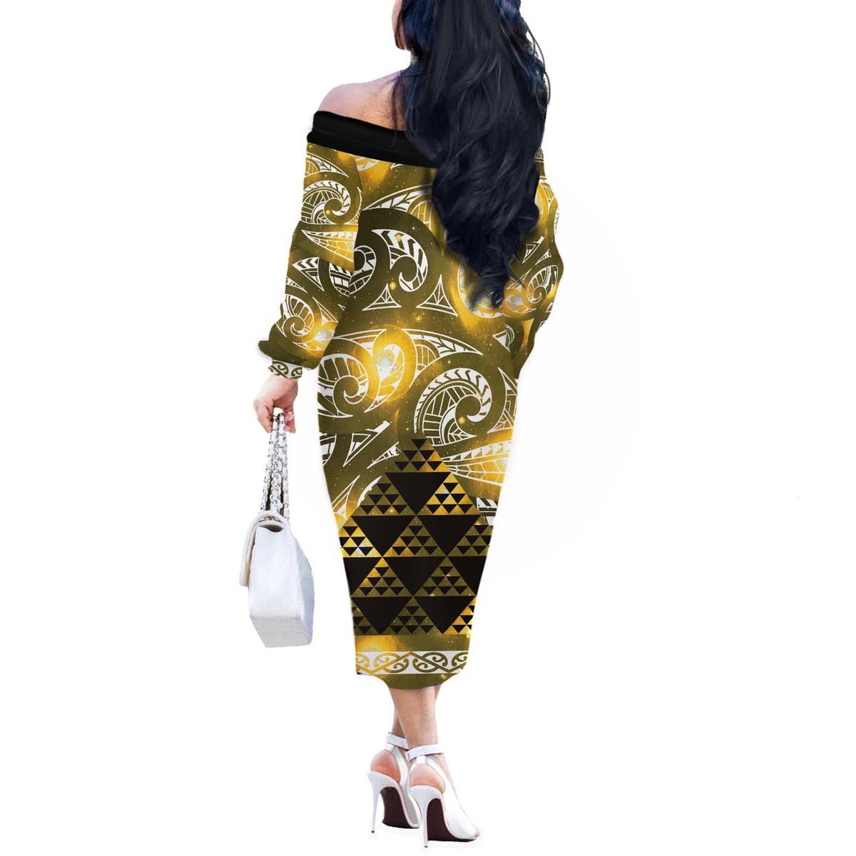 Matariki New Zealand Off The Shoulder Long Sleeve Dress NZ Niho Taniwha Maori New Year Yellow Galaxy LT14 - Polynesian Pride
