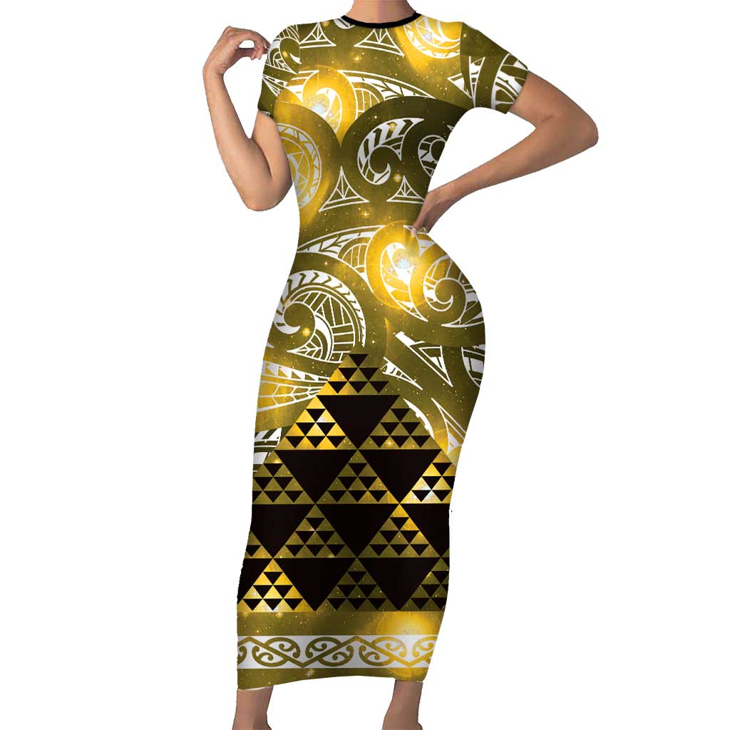 Matariki New Zealand Short Sleeve Bodycon Dress NZ Niho Taniwha Maori New Year Yellow Galaxy