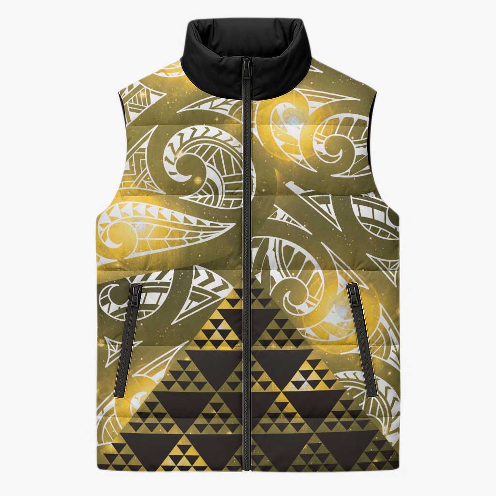 Matariki New Zealand Sleeveless Puffer Jacket NZ Niho Taniwha Maori New Year Yellow Galaxy