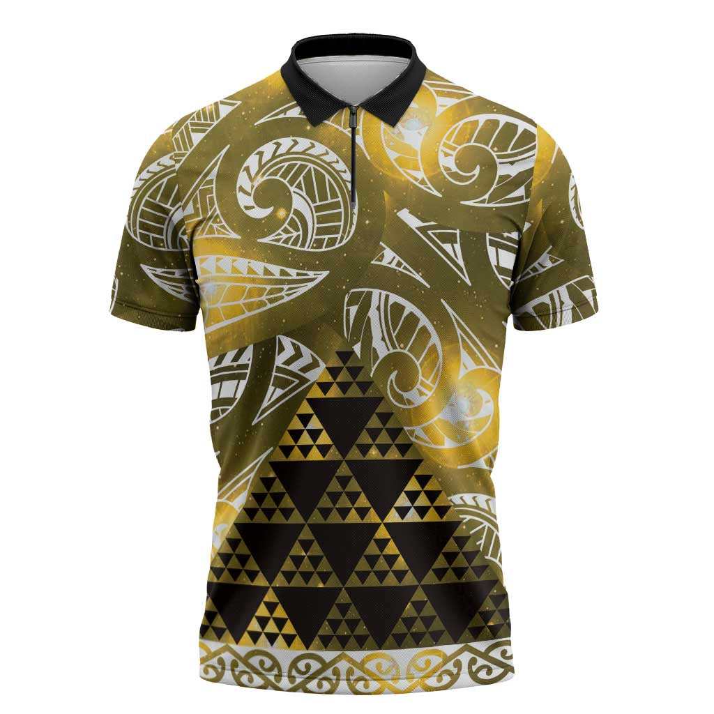 Matariki New Zealand Zipper Polo Shirt NZ Niho Taniwha Maori New Year Yellow Galaxy