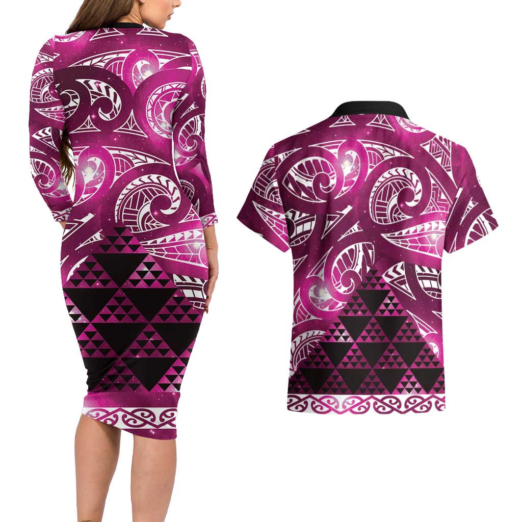 Matariki New Zealand Couples Matching Long Sleeve Bodycon Dress and Hawaiian Shirt NZ Niho Taniwha Maori New Year Pink Galaxy LT14 - Polynesian Pride