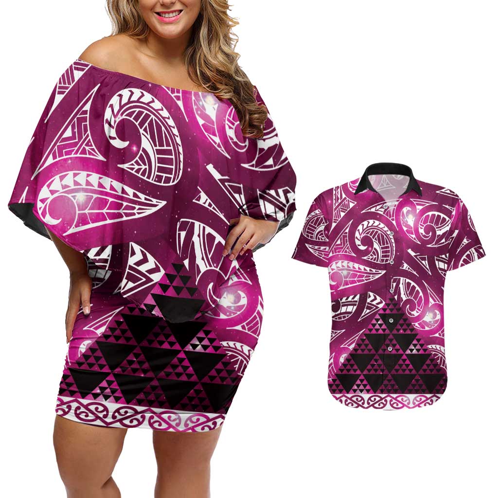 Matariki New Zealand Couples Matching Off Shoulder Short Dress and Hawaiian Shirt NZ Niho Taniwha Maori New Year Pink Galaxy