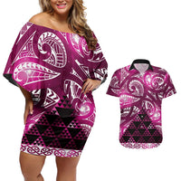 Matariki New Zealand Couples Matching Off Shoulder Short Dress and Hawaiian Shirt NZ Niho Taniwha Maori New Year Pink Galaxy LT14 Pink - Polynesian Pride
