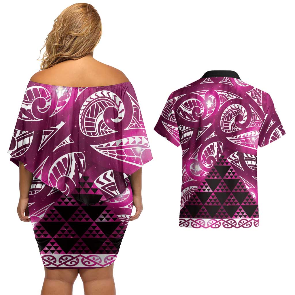 Matariki New Zealand Couples Matching Off Shoulder Short Dress and Hawaiian Shirt NZ Niho Taniwha Maori New Year Pink Galaxy LT14 - Polynesian Pride