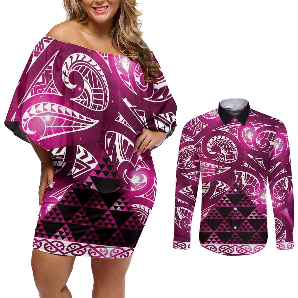 Matariki New Zealand Couples Matching Off Shoulder Short Dress and Long Sleeve Button Shirt NZ Niho Taniwha Maori New Year Pink Galaxy LT14 Pink - Polynesian Pride
