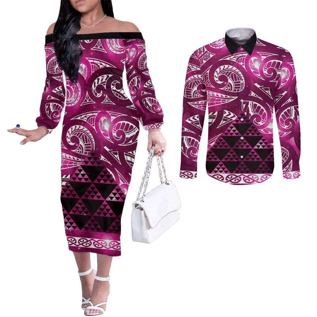 Matariki New Zealand Couples Matching Off The Shoulder Long Sleeve Dress and Long Sleeve Button Shirt NZ Niho Taniwha Maori New Year Pink Galaxy LT14 Pink - Polynesian Pride