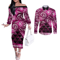 Matariki New Zealand Couples Matching Off The Shoulder Long Sleeve Dress and Long Sleeve Button Shirt NZ Niho Taniwha Maori New Year Pink Galaxy LT14 Pink - Polynesian Pride