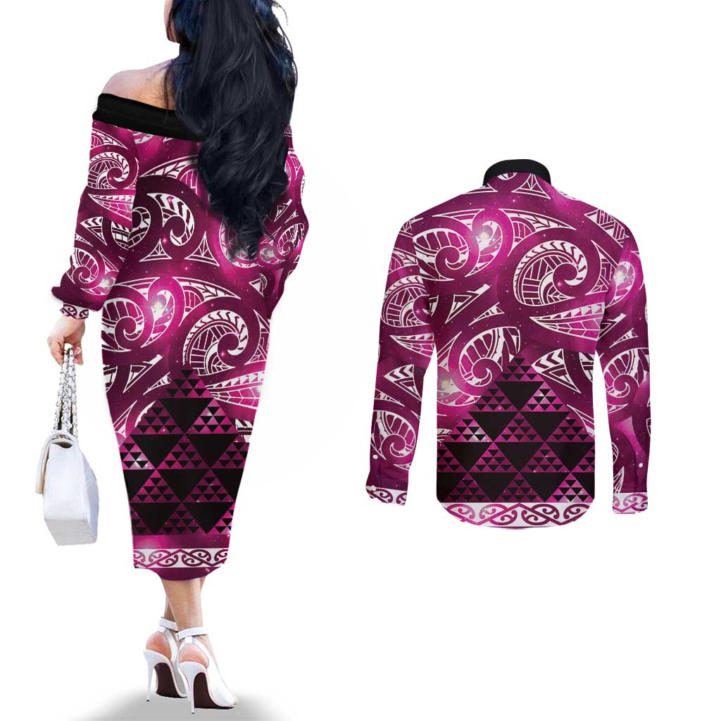 Matariki New Zealand Couples Matching Off The Shoulder Long Sleeve Dress and Long Sleeve Button Shirt NZ Niho Taniwha Maori New Year Pink Galaxy LT14 - Polynesian Pride
