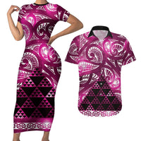Matariki New Zealand Couples Matching Short Sleeve Bodycon Dress and Hawaiian Shirt NZ Niho Taniwha Maori New Year Pink Galaxy LT14 Pink - Polynesian Pride