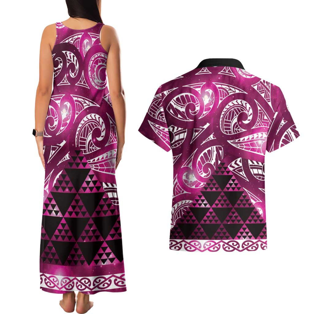 Matariki New Zealand Couples Matching Tank Maxi Dress and Hawaiian Shirt NZ Niho Taniwha Maori New Year Pink Galaxy LT14 - Polynesian Pride