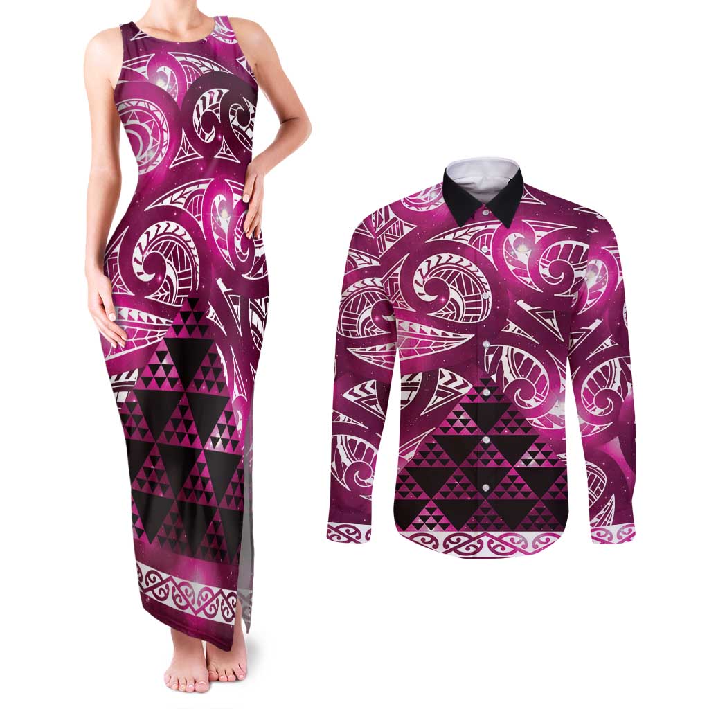 Matariki New Zealand Couples Matching Tank Maxi Dress and Long Sleeve Button Shirt NZ Niho Taniwha Maori New Year Pink Galaxy LT14 Pink - Polynesian Pride