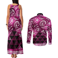 Matariki New Zealand Couples Matching Tank Maxi Dress and Long Sleeve Button Shirt NZ Niho Taniwha Maori New Year Pink Galaxy LT14 - Polynesian Pride