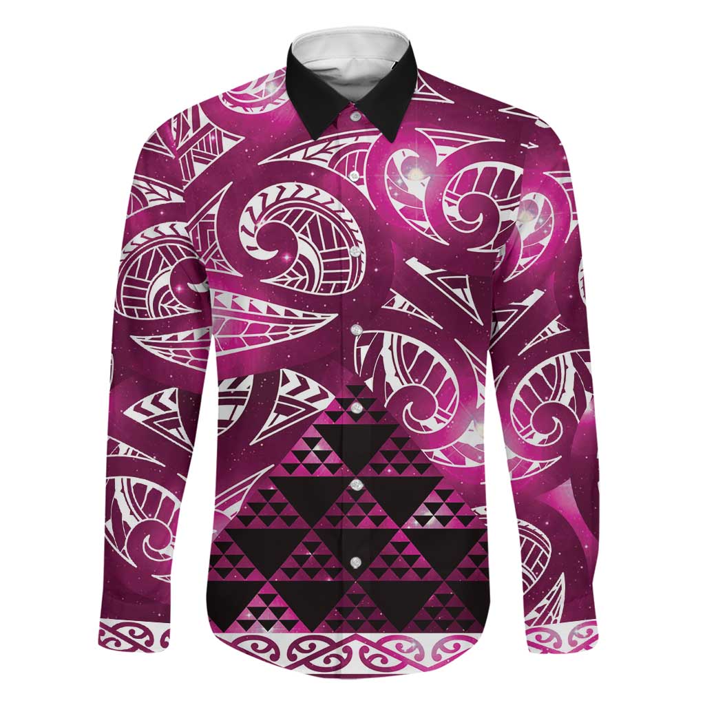 Matariki New Zealand Family Matching Long Sleeve Bodycon Dress and Hawaiian Shirt NZ Niho Taniwha Maori New Year Pink Galaxy LT14 Dad's Shirt - Long Sleeve Pink - Polynesian Pride