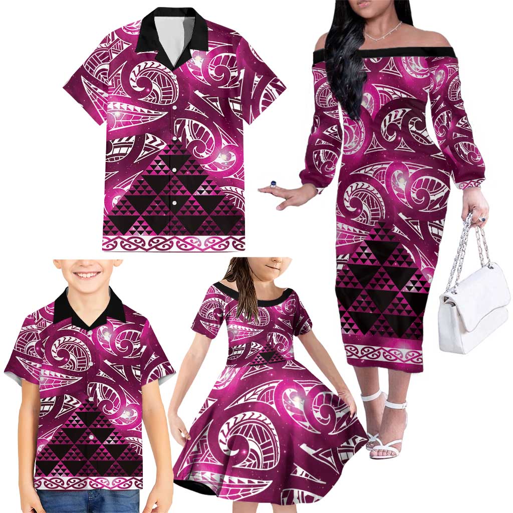Matariki New Zealand Family Matching Off The Shoulder Long Sleeve Dress and Hawaiian Shirt NZ Niho Taniwha Maori New Year Pink Galaxy LT14 - Polynesian Pride