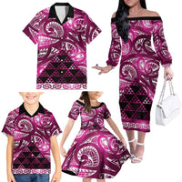 Matariki New Zealand Family Matching Off The Shoulder Long Sleeve Dress and Hawaiian Shirt NZ Niho Taniwha Maori New Year Pink Galaxy LT14 - Polynesian Pride