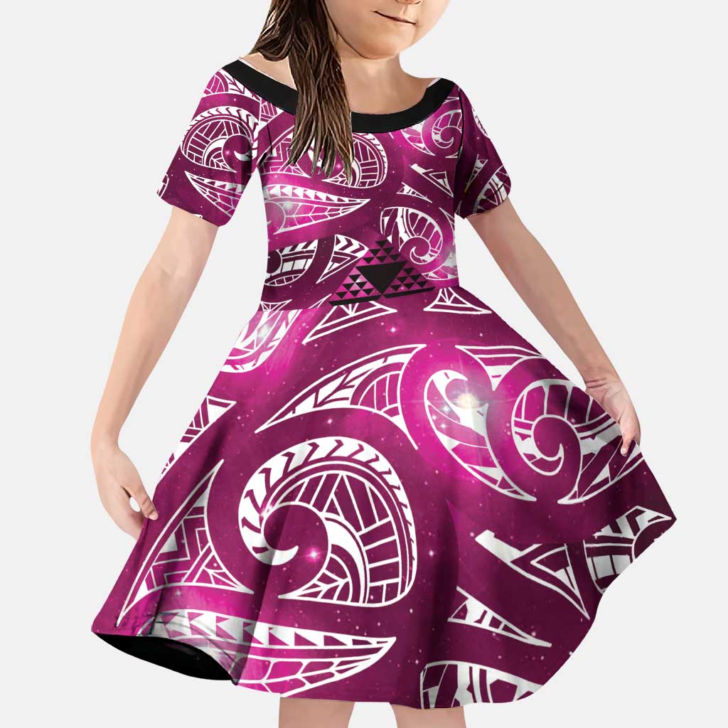 Matariki New Zealand Family Matching Off Shoulder Maxi Dress and Hawaiian Shirt NZ Niho Taniwha Maori New Year Pink Galaxy LT14 Daughter's Dress Pink - Polynesian Pride