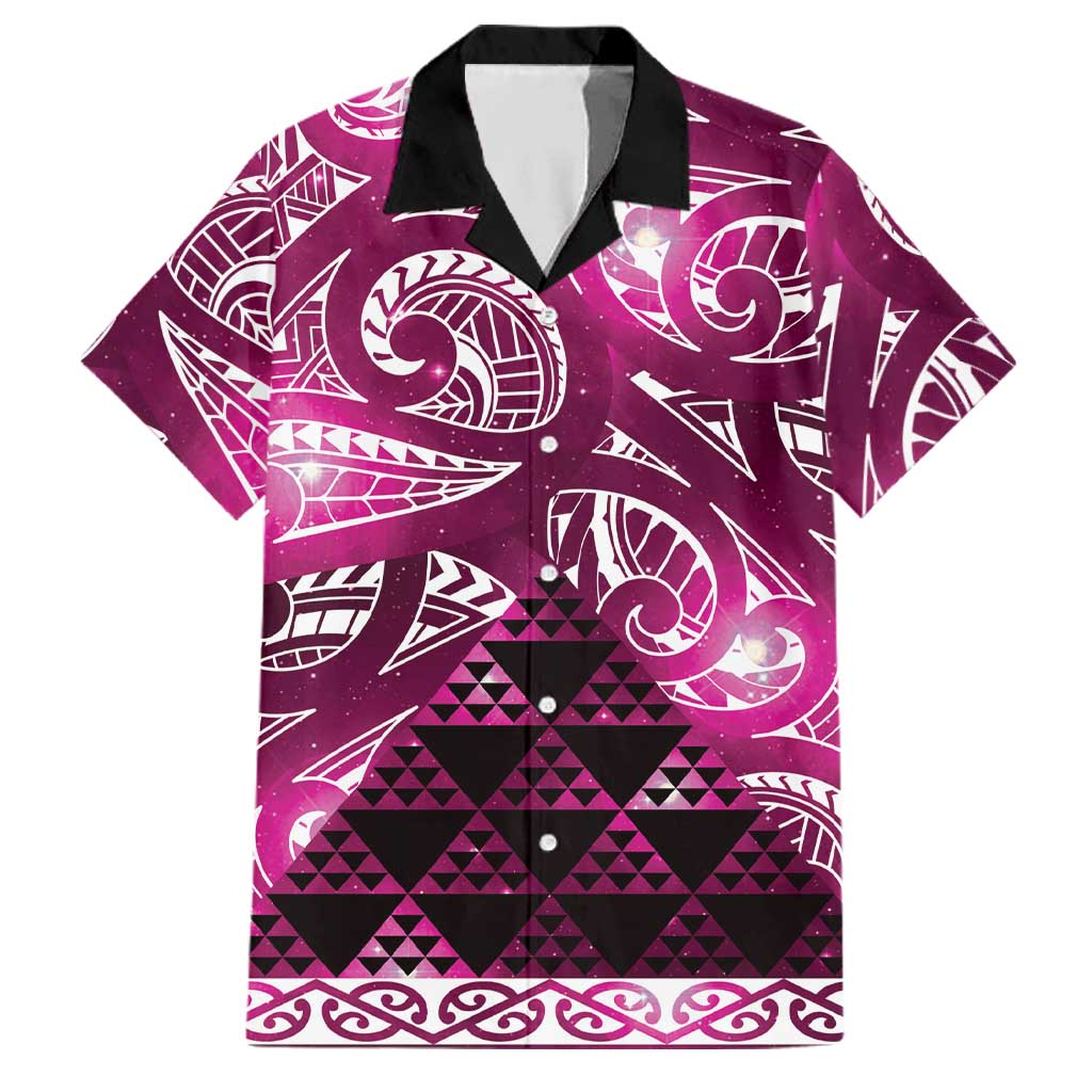 Matariki New Zealand Family Matching Off Shoulder Maxi Dress and Hawaiian Shirt NZ Niho Taniwha Maori New Year Pink Galaxy LT14 Dad's Shirt - Short Sleeve Pink - Polynesian Pride