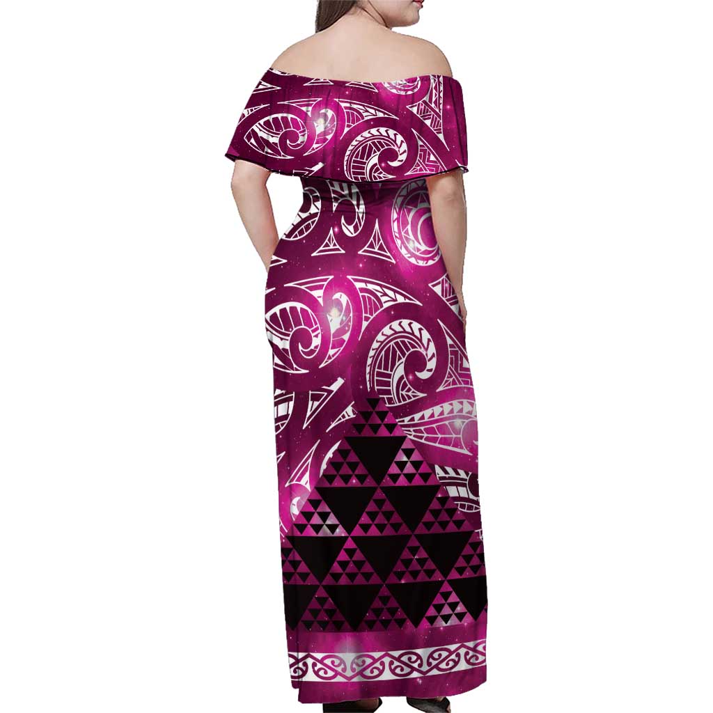 Matariki New Zealand Family Matching Off Shoulder Maxi Dress and Hawaiian Shirt NZ Niho Taniwha Maori New Year Pink Galaxy LT14 - Polynesian Pride