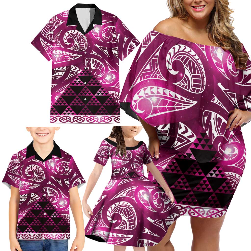 Matariki New Zealand Family Matching Off Shoulder Short Dress and Hawaiian Shirt NZ Niho Taniwha Maori New Year Pink Galaxy LT14 - Polynesian Pride