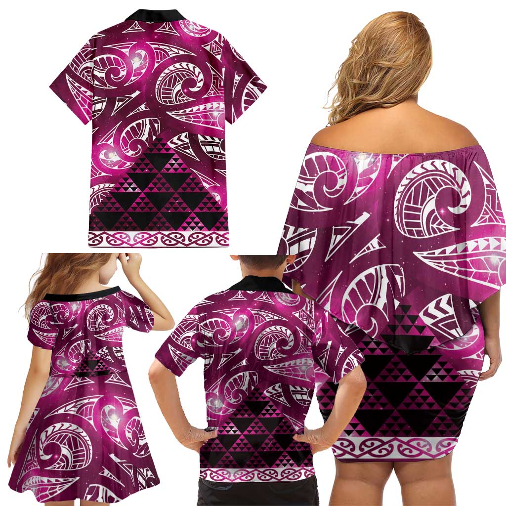 Matariki New Zealand Family Matching Off Shoulder Short Dress and Hawaiian Shirt NZ Niho Taniwha Maori New Year Pink Galaxy LT14 - Polynesian Pride