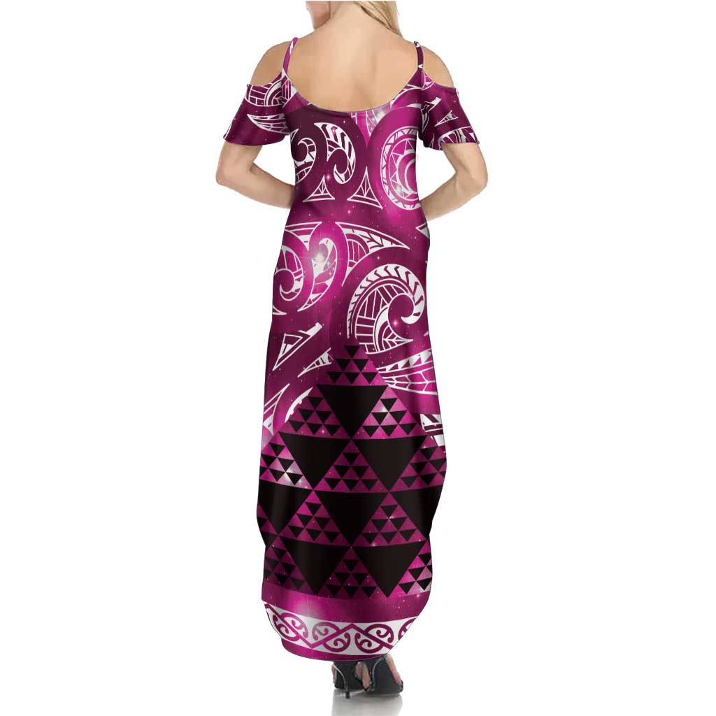 Matariki New Zealand Family Matching Summer Maxi Dress and Hawaiian Shirt NZ Niho Taniwha Maori New Year Pink Galaxy LT14 - Polynesian Pride