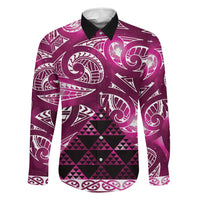 Matariki New Zealand Family Matching Tank Maxi Dress and Hawaiian Shirt NZ Niho Taniwha Maori New Year Pink Galaxy LT14 Dad's Shirt - Long Sleeve Pink - Polynesian Pride