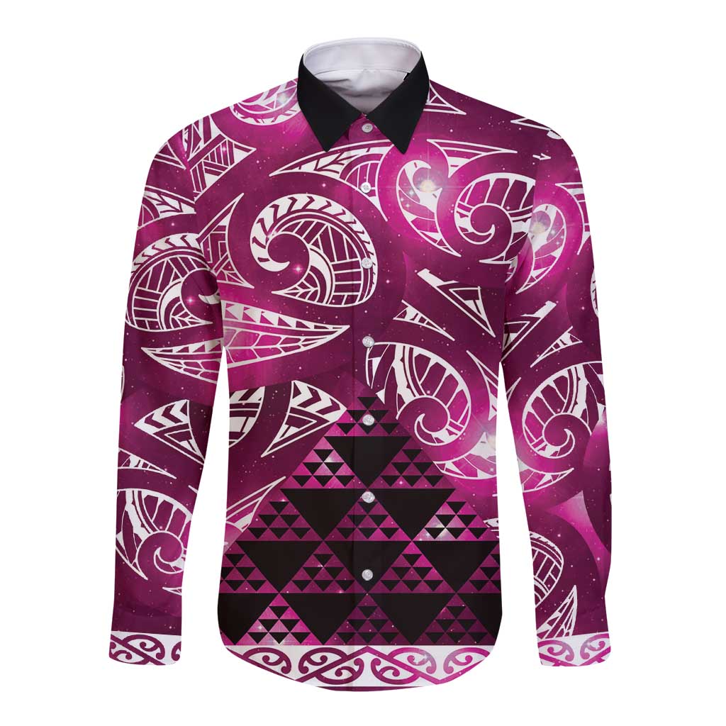 Matariki New Zealand Long Sleeve Button Shirt NZ Niho Taniwha Maori New Year Pink Galaxy