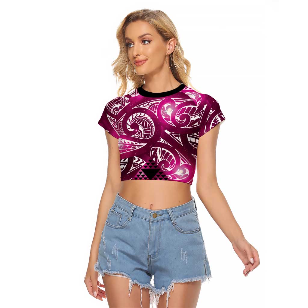 Matariki New Zealand Raglan Cropped T Shirt NZ Niho Taniwha Maori New Year Pink Galaxy
