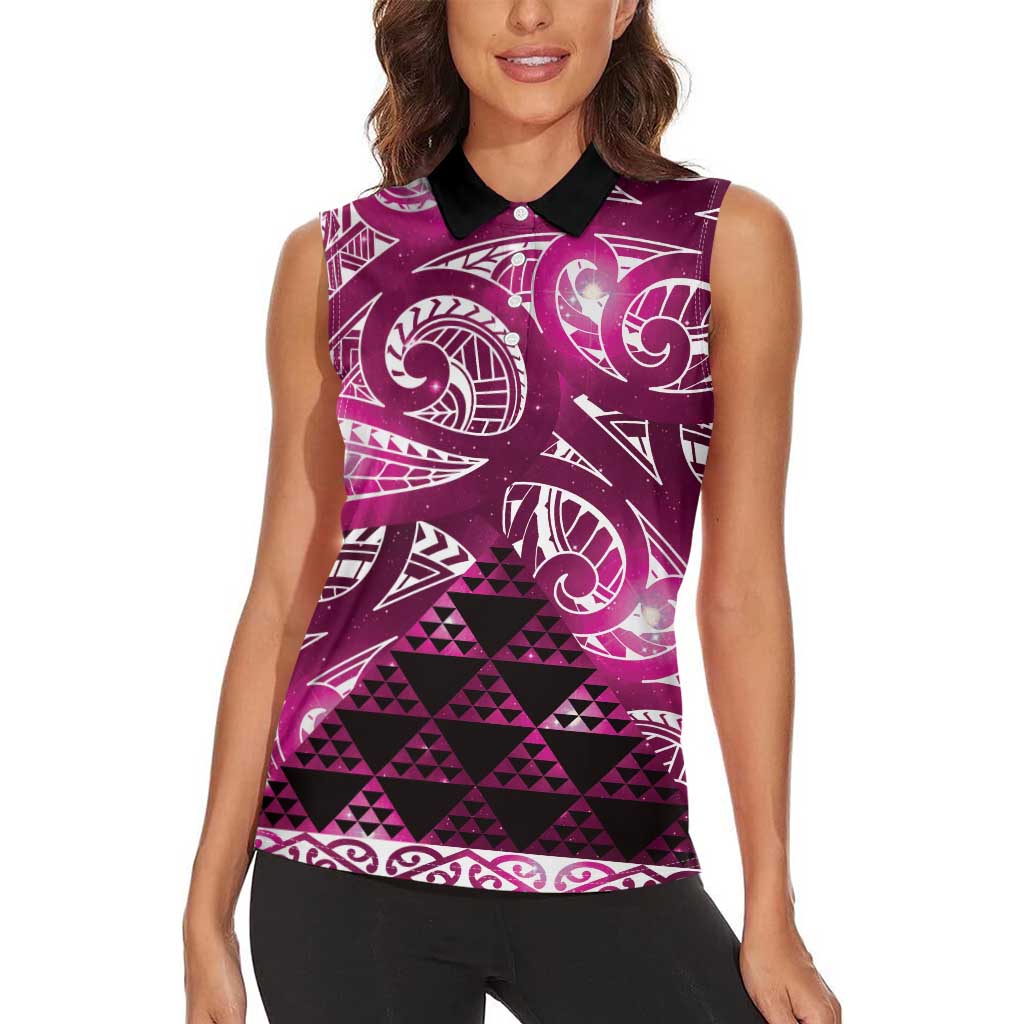 Matariki New Zealand Women Sleeveless Polo Shirt NZ Niho Taniwha Maori New Year Pink Galaxy LT14 - Polynesian Pride
