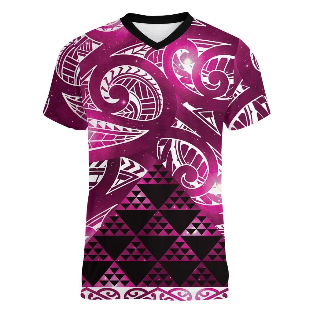 Matariki New Zealand Women V-Neck T-Shirt NZ Niho Taniwha Maori New Year Pink Galaxy