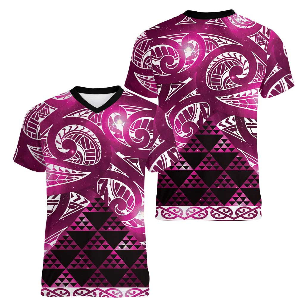 Matariki New Zealand Women V-Neck T-Shirt NZ Niho Taniwha Maori New Year Pink Galaxy LT14 - Polynesian Pride