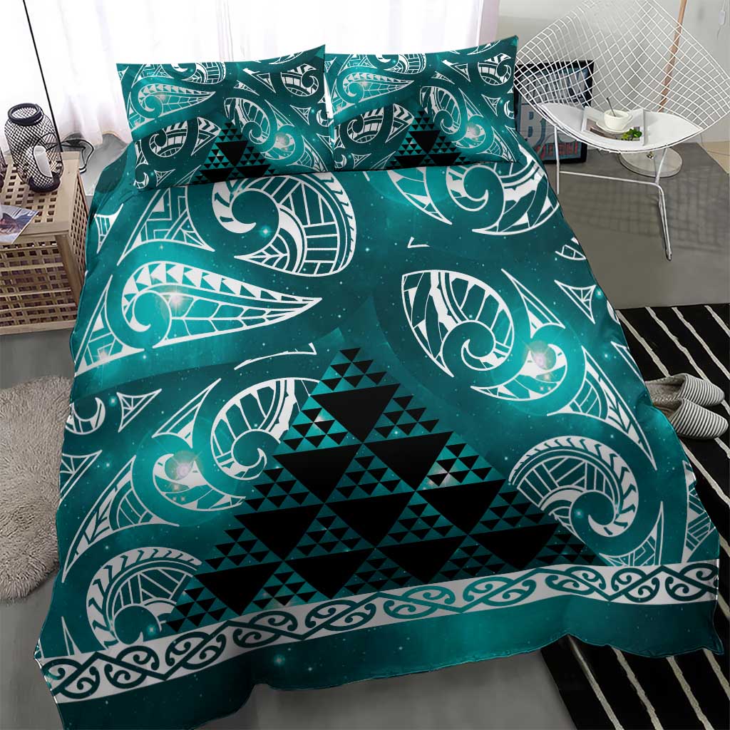 Matariki New Zealand Bedding Set NZ Niho Taniwha Maori New Year Cyan Galaxy