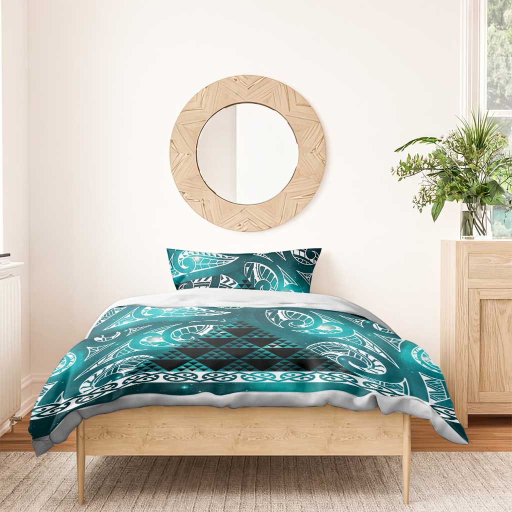 Matariki New Zealand Bedding Set NZ Niho Taniwha Maori New Year Cyan Galaxy