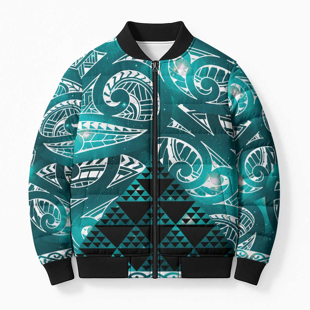 Matariki New Zealand Bomber Puffer Jacket NZ Niho Taniwha Maori New Year Cyan Galaxy