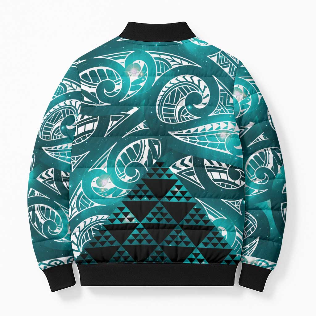 Matariki New Zealand Bomber Puffer Jacket NZ Niho Taniwha Maori New Year Cyan Galaxy