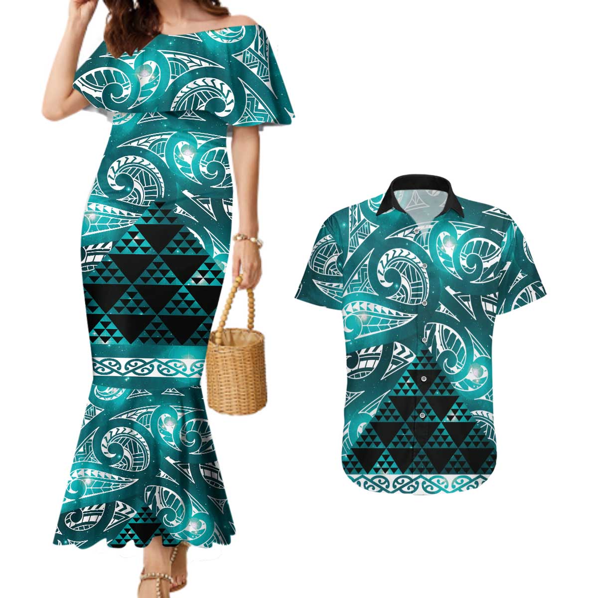 Matariki New Zealand Couples Matching Mermaid Dress and Hawaiian Shirt NZ Niho Taniwha Maori New Year Cyan Galaxy