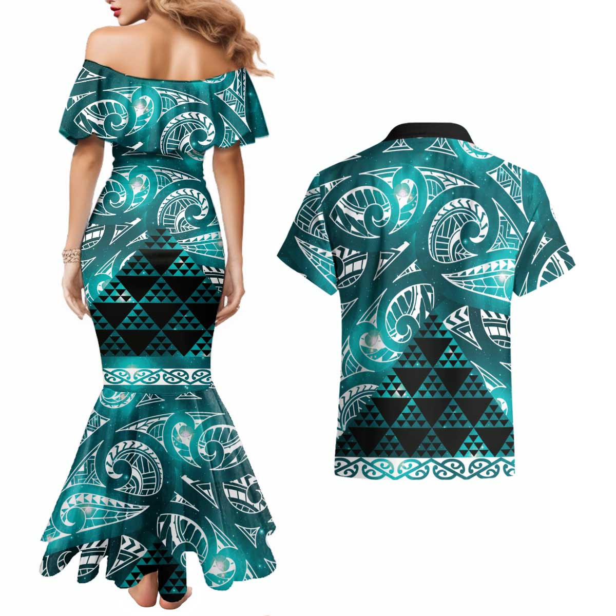 Matariki New Zealand Couples Matching Mermaid Dress and Hawaiian Shirt NZ Niho Taniwha Maori New Year Cyan Galaxy LT14 - Polynesian Pride