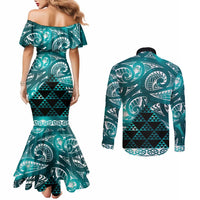 Matariki New Zealand Couples Matching Mermaid Dress and Long Sleeve Button Shirt NZ Niho Taniwha Maori New Year Cyan Galaxy LT14 - Polynesian Pride