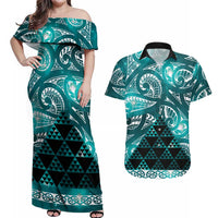 Matariki New Zealand Couples Matching Off Shoulder Maxi Dress and Hawaiian Shirt NZ Niho Taniwha Maori New Year Cyan Galaxy LT14 Cyan - Polynesian Pride