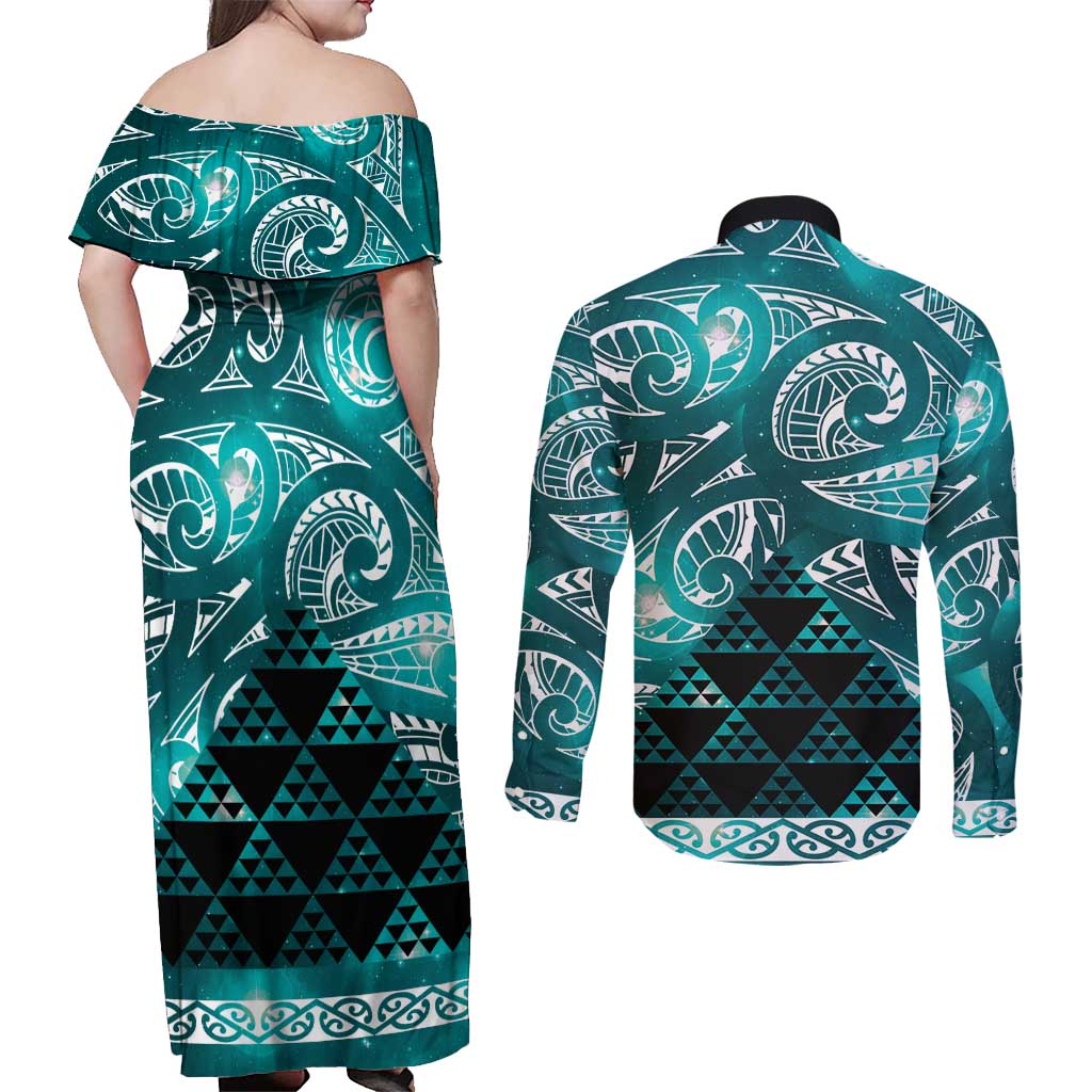 Matariki New Zealand Couples Matching Off Shoulder Maxi Dress and Long Sleeve Button Shirt NZ Niho Taniwha Maori New Year Cyan Galaxy LT14 - Polynesian Pride