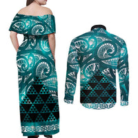 Matariki New Zealand Couples Matching Off Shoulder Maxi Dress and Long Sleeve Button Shirt NZ Niho Taniwha Maori New Year Cyan Galaxy LT14 - Polynesian Pride