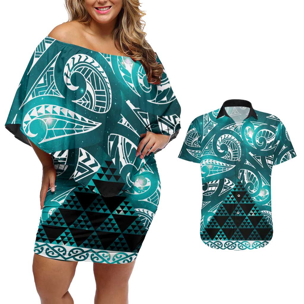Matariki New Zealand Couples Matching Off Shoulder Short Dress and Hawaiian Shirt NZ Niho Taniwha Maori New Year Cyan Galaxy LT14 Cyan - Polynesian Pride